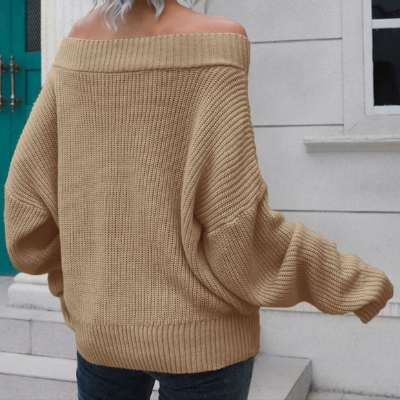 Off-Shoulder Comfort Ribbed Sweater - Tan - Picture 2 of 4